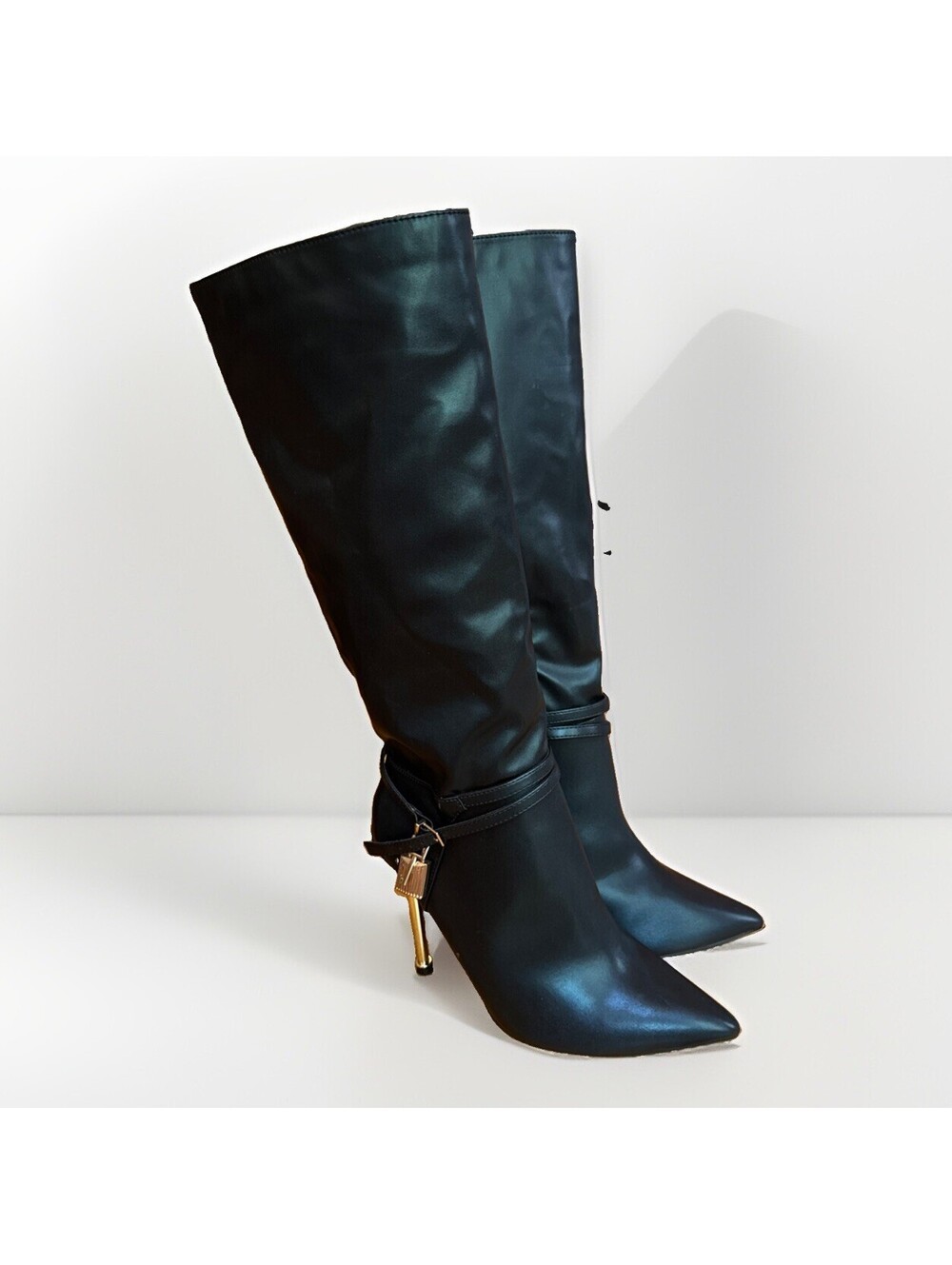 New Black Fashion Nova Tommy Stiletto Knee High Boots Gold Tone Lock & Key 10 - Picture 2 of 7